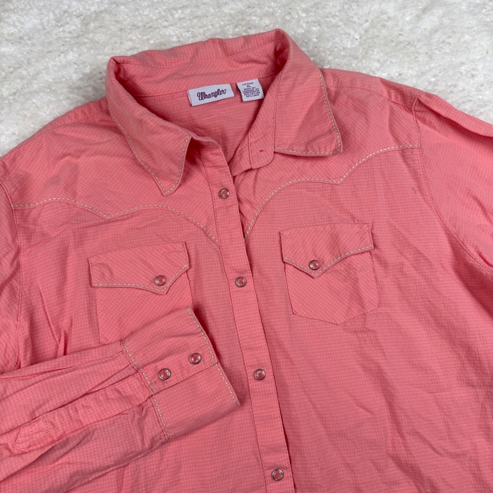 Wrangler Western Shirt Women XL Coral Pink Cotton Linen Snap Front Long Sleeve